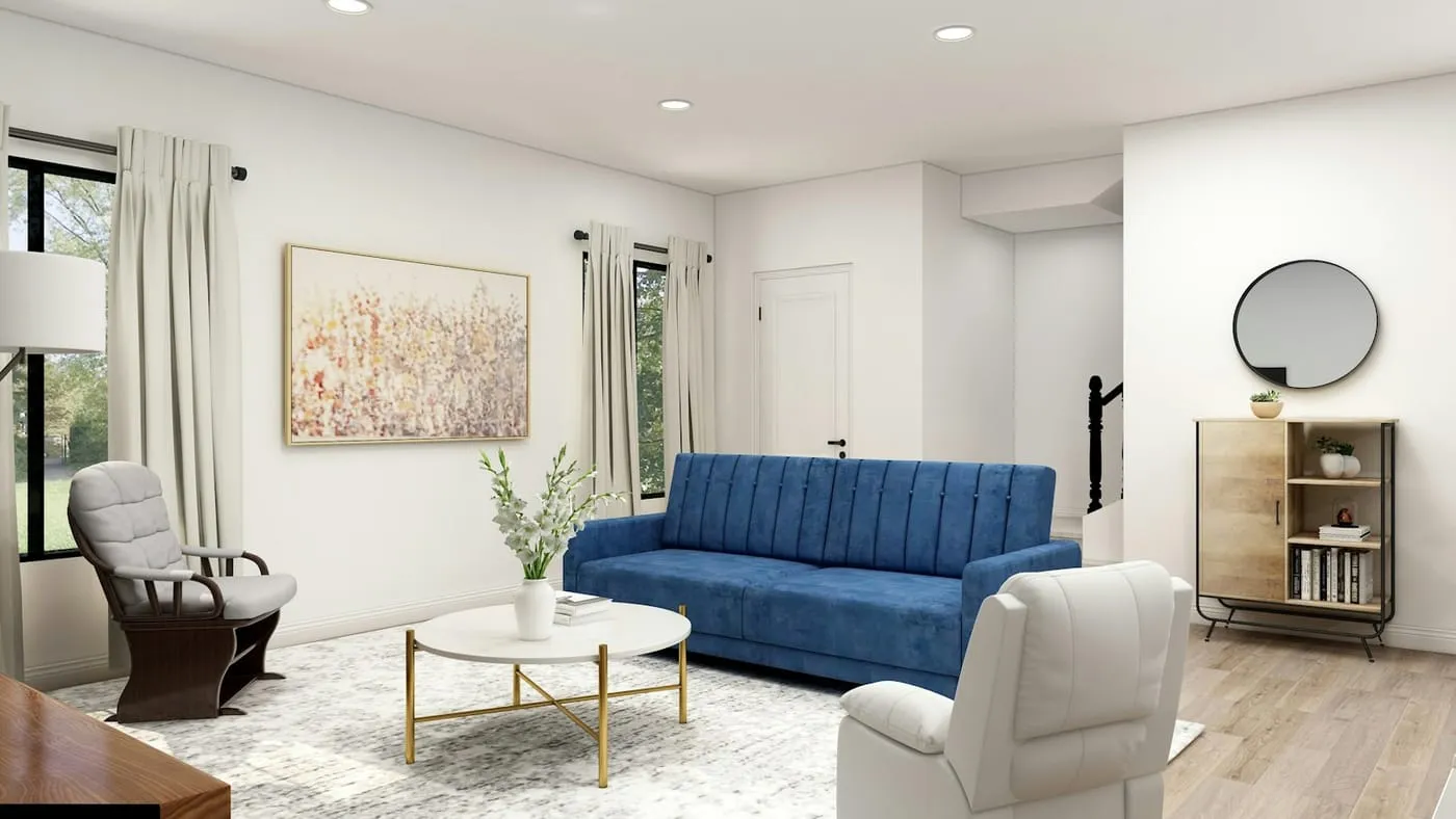 Grand canapé bleu propre dans un salon