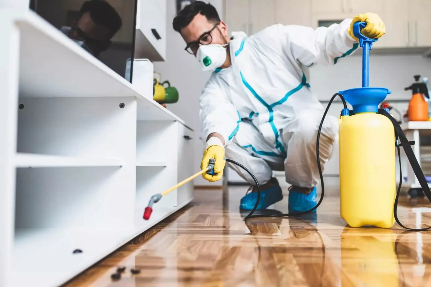 Technicien en combinaison de protection appliquant un traitement antiparasitaire
